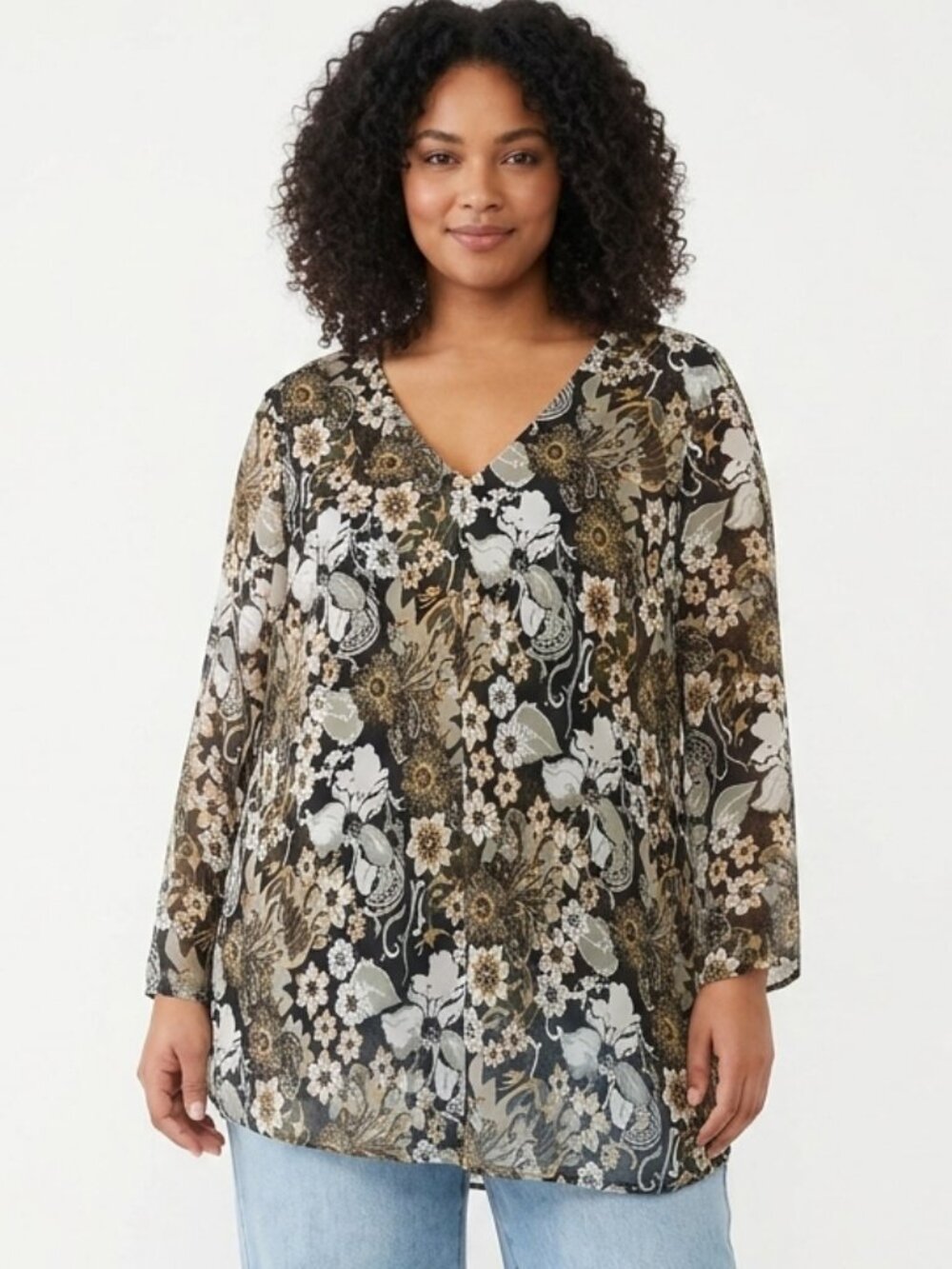 Vintage Jamie Nicole Blouse Black Gray Tunic Boho Floral Casual 32